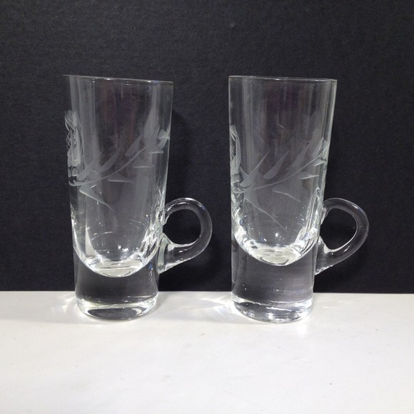 (2) Vintage Crystal Cut Etched Cordial Liqueur Glass Shot Glasses w/ Handles - Picture 10 of 11